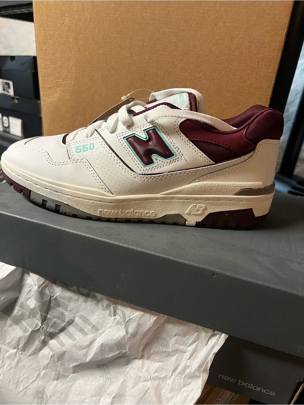 New Balance 550 sneakers in a Burgundy Cyan colorway
